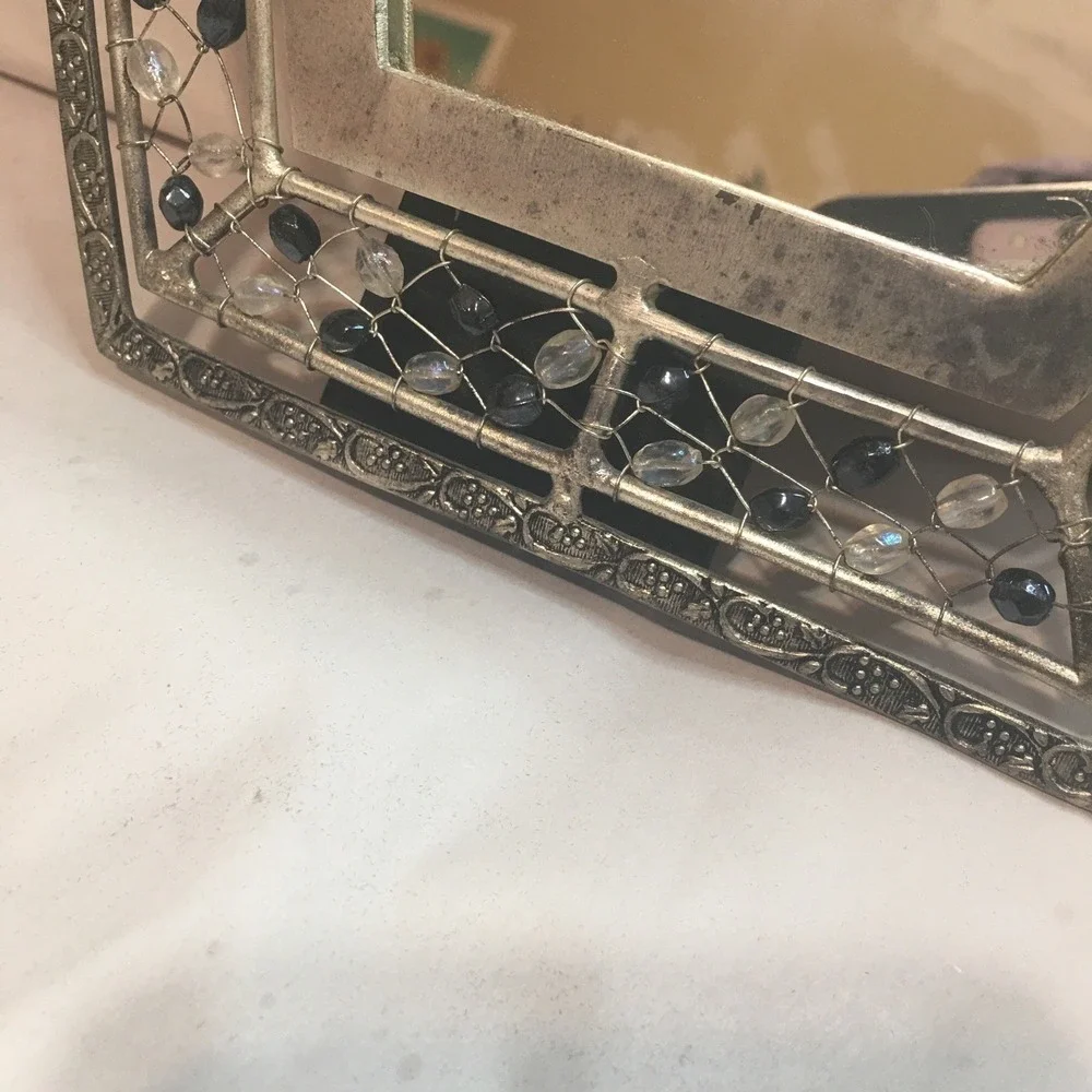 Silver-Tone Sapphire and Iridescent Glass Bead Hand Tied Mirror Art Deco Boho‎